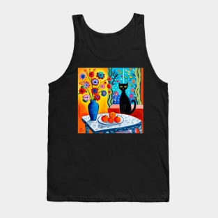 Still Life Black Cat Painting with Flowers in Vase Tank Top